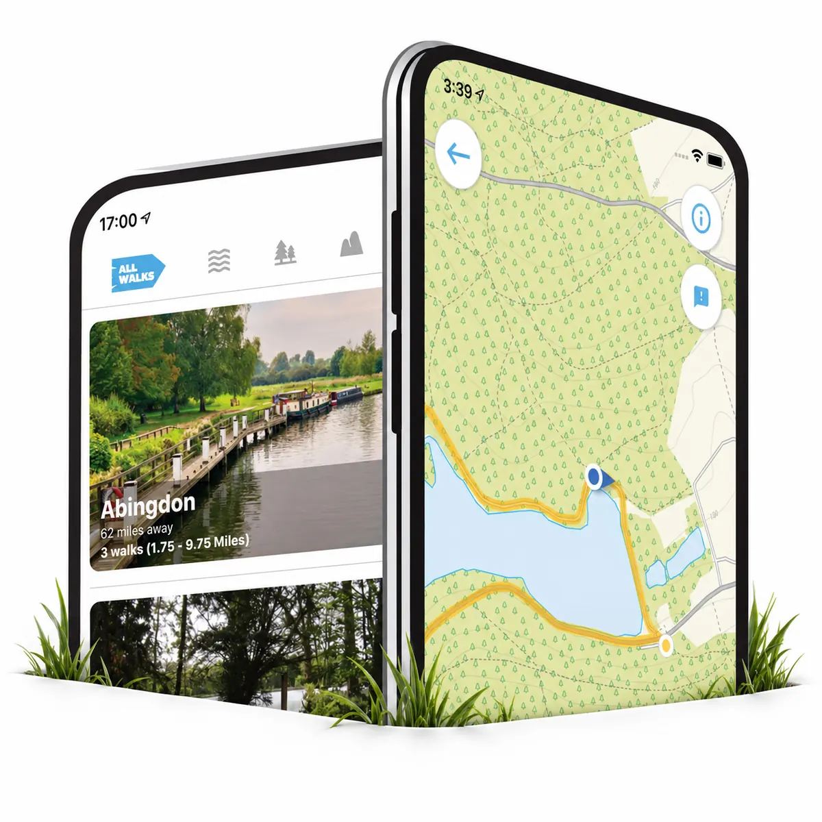 Local Walks app screens showing walking routes and GPS guidance